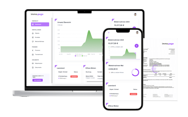 immo.page Dashboard für digitale Immobilienverwaltung - Screenshot der Benutzeroberfläche